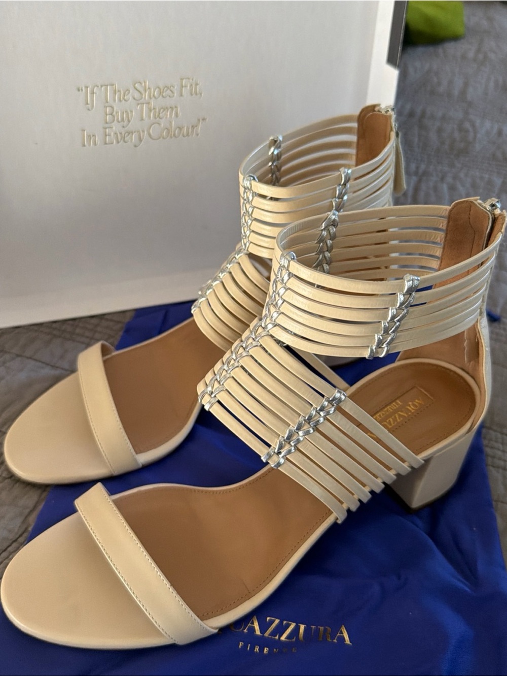 Aquazzura Ravello Block Heel Cream Sandals Sz 39.5